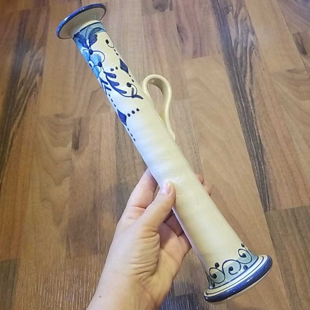 Vintage Tall Italian Pottery Blue & Cream Floral Chamberstick Candle Holder - Picture 2 of 11